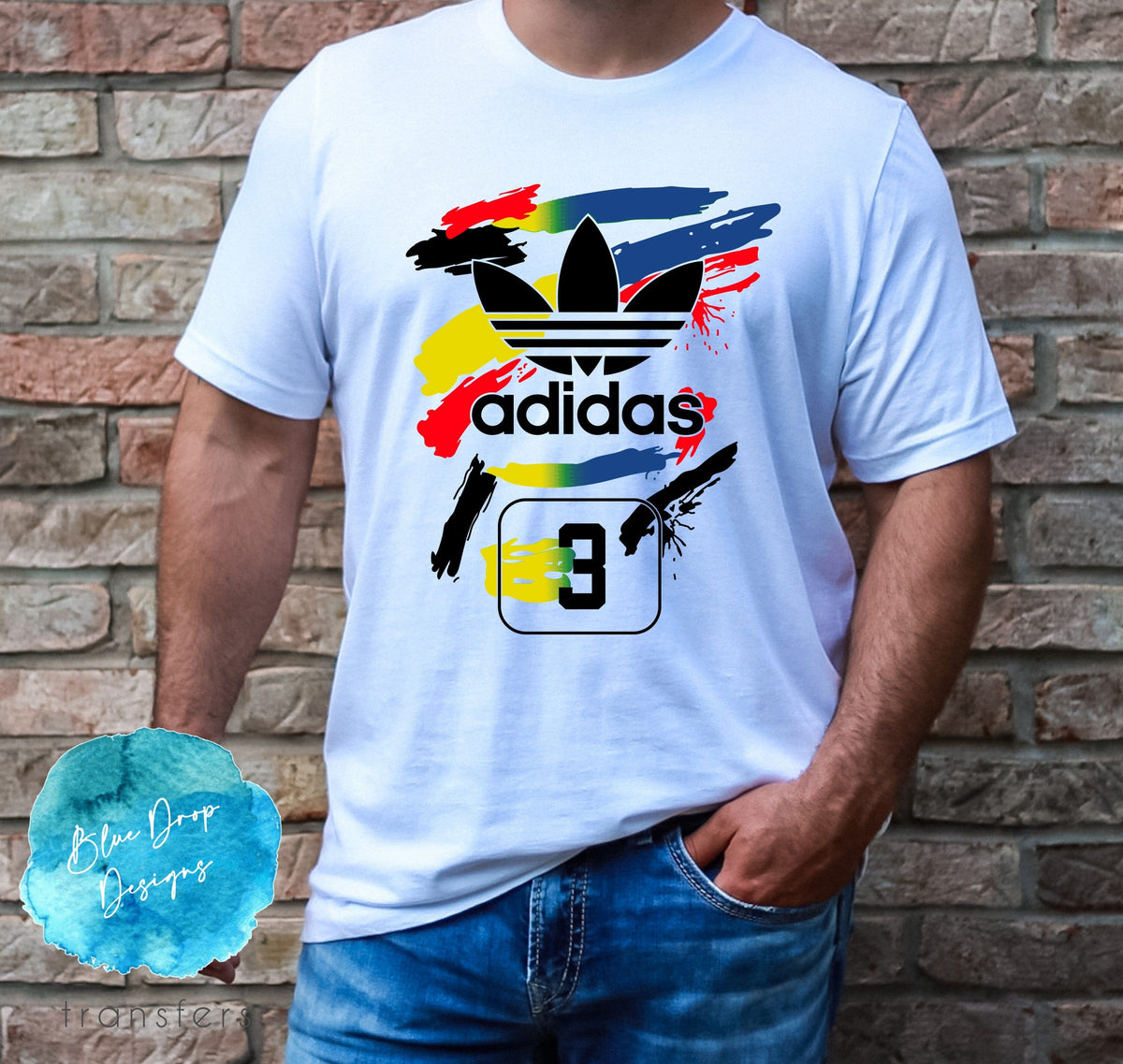 Adidas Paint Full Colour Transfer Direct to Film Colour Transfer Blue Drop Designs 