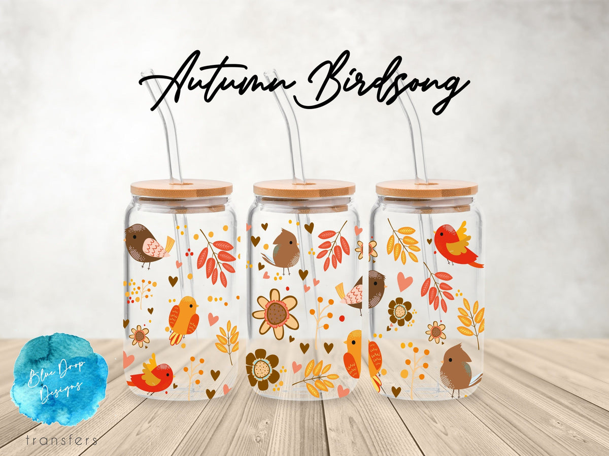 Autumn Birdsong UV DTF Cup Wrap Blue Drop Transfers 