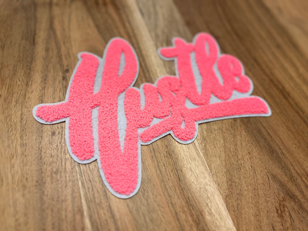 Chenille Embroidered Heat Transfer - Pink Hustle Blue Drop Transfers 