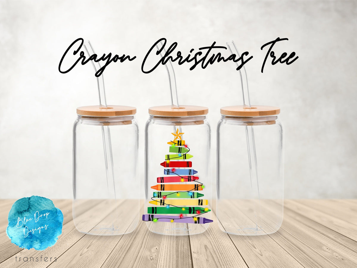 Teacher Crayon Christmas Tree UV DTF Blue Drop Transfers 
