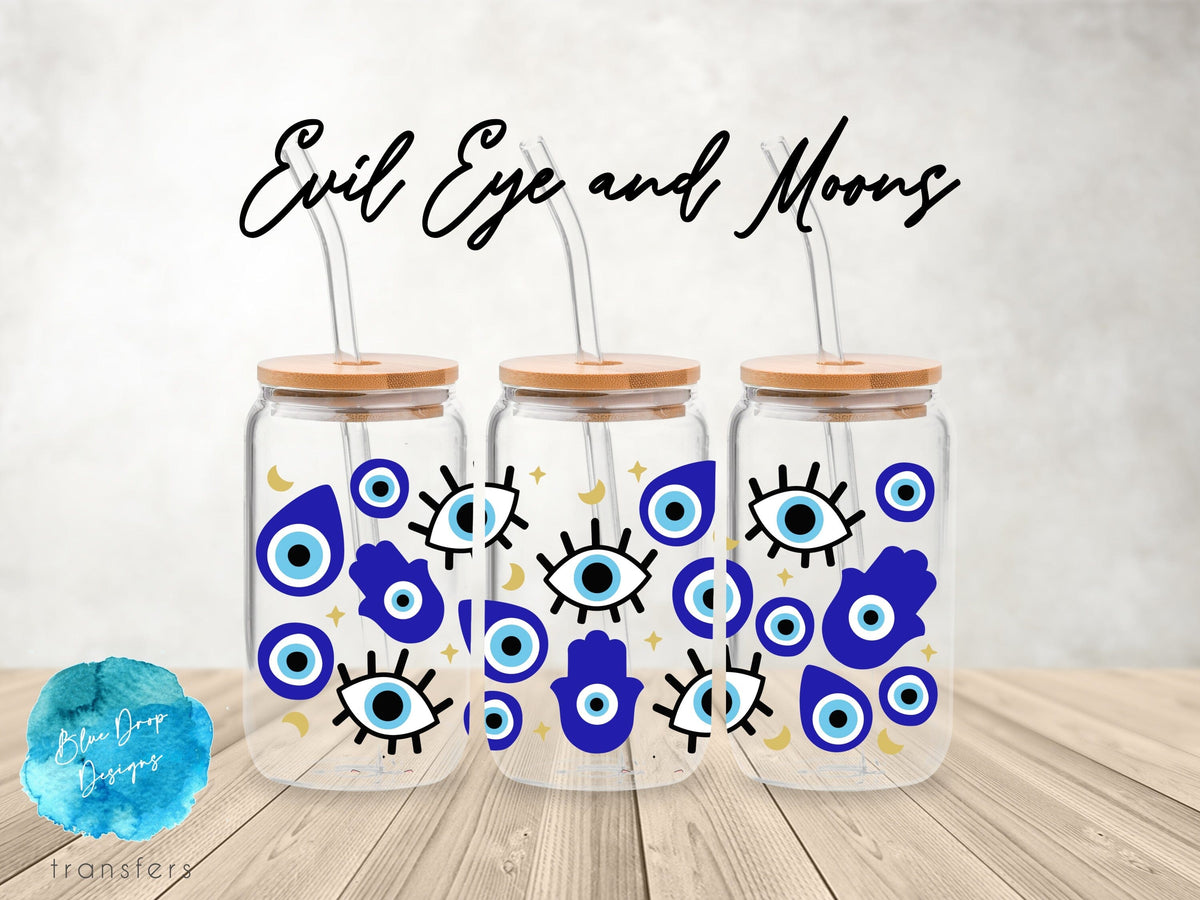 Evil Eye and Moons UV DTF Cup Wrap Blue Drop Transfers 
