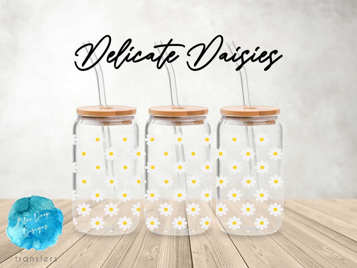 Delicate Daisies UV DTF Cup Wrap Blue Drop Transfers 