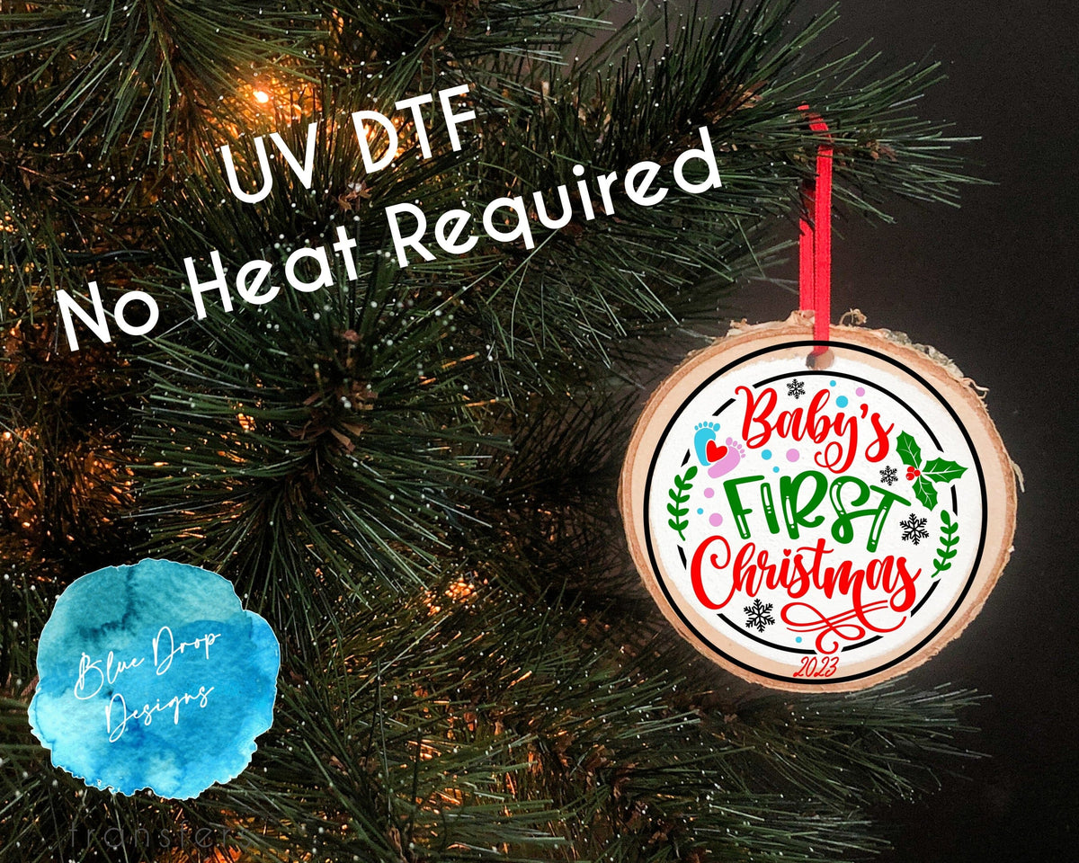 UV DTF Baby's First Christmas Feet Ornament Transfer Direct to Film Colour Transfer Blue Drop Transfers 