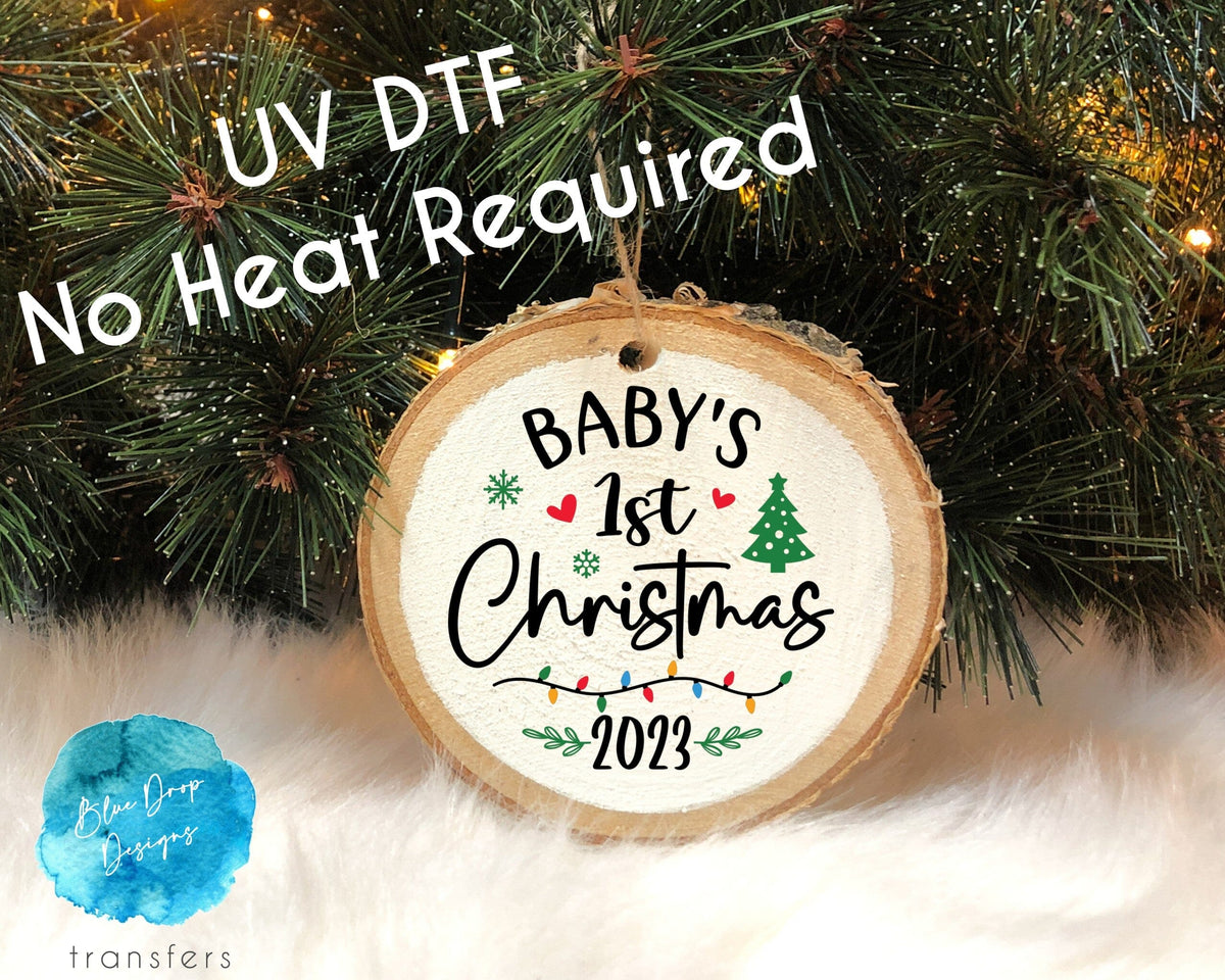 UV DTF Baby's First Christmas Lights Ornament Transfer Direct to Film Colour Transfer Blue Drop Transfers 
