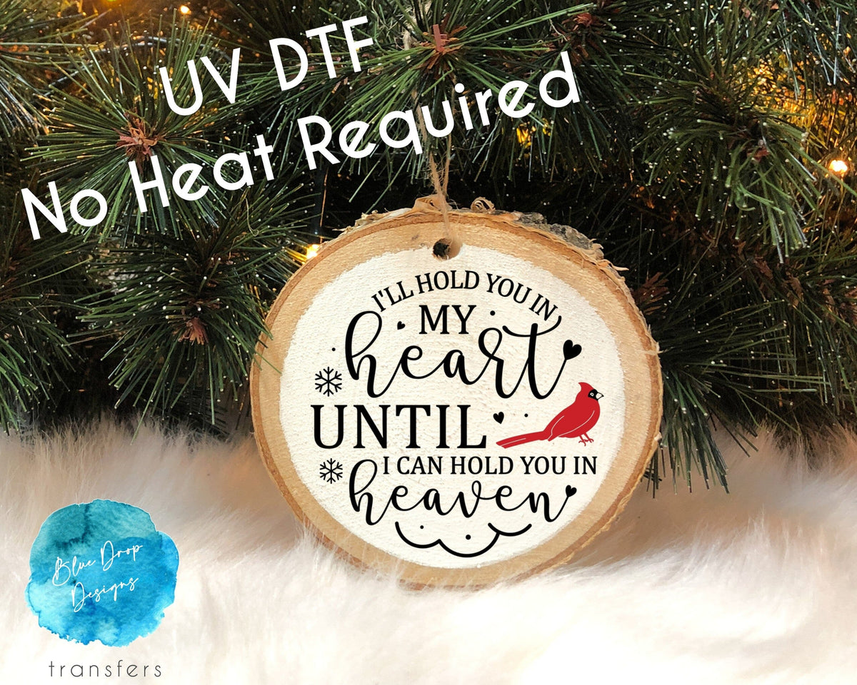 UV DTF Cardinal Hold in Heart Ornament Transfer Direct to Film Colour Transfer Blue Drop Transfers 