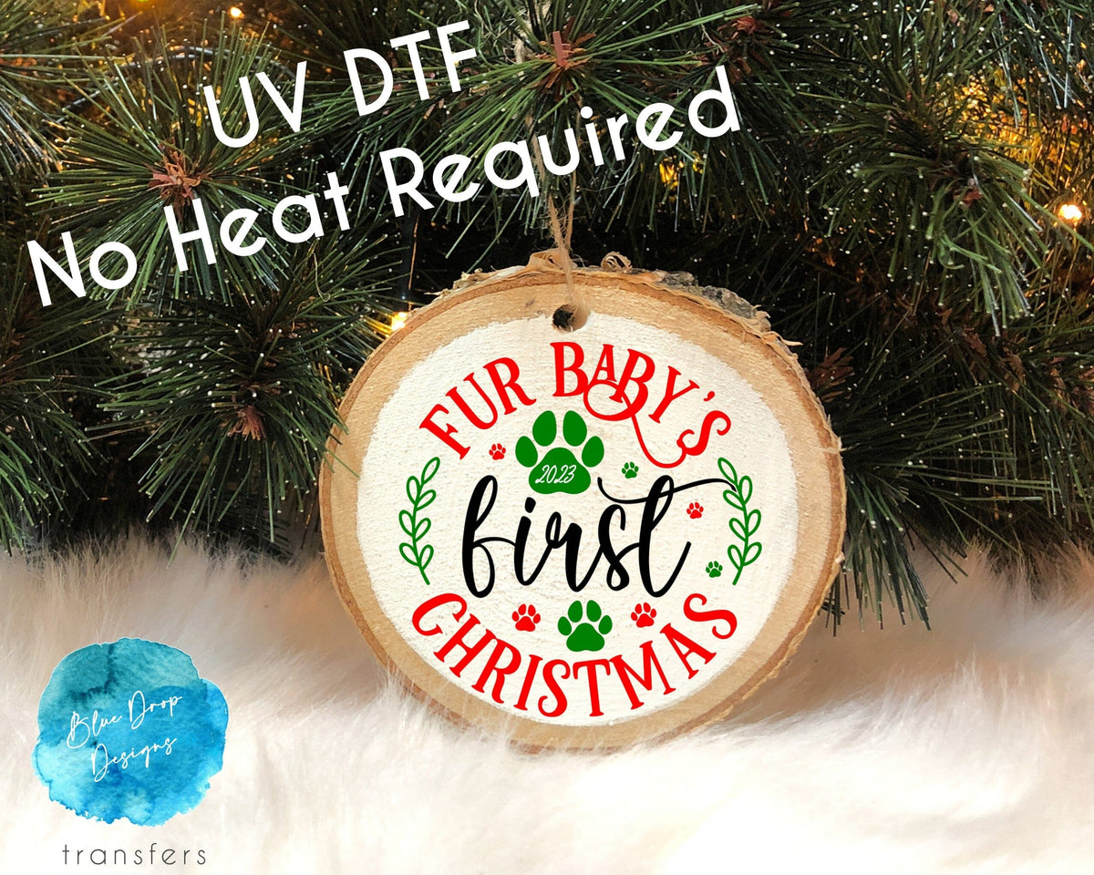UV DTF Fur Baby's First Christmas Ornament Transfer Direct to Film Colour Transfer Blue Drop Transfers 