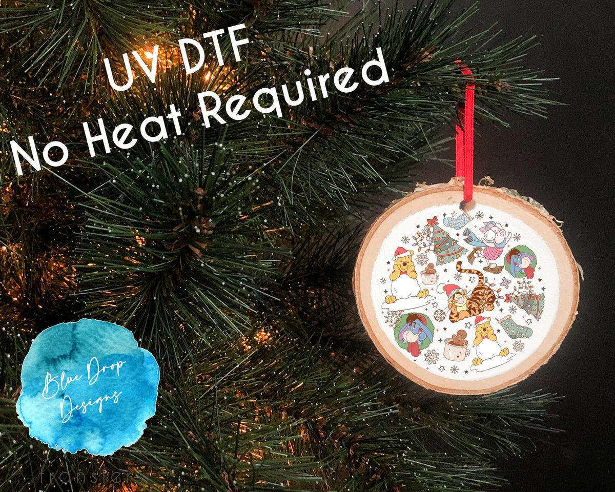 UV DTF Pooh Circle Christmas Ornament Transfer Direct to Film Colour Transfer Blue Drop Transfers 