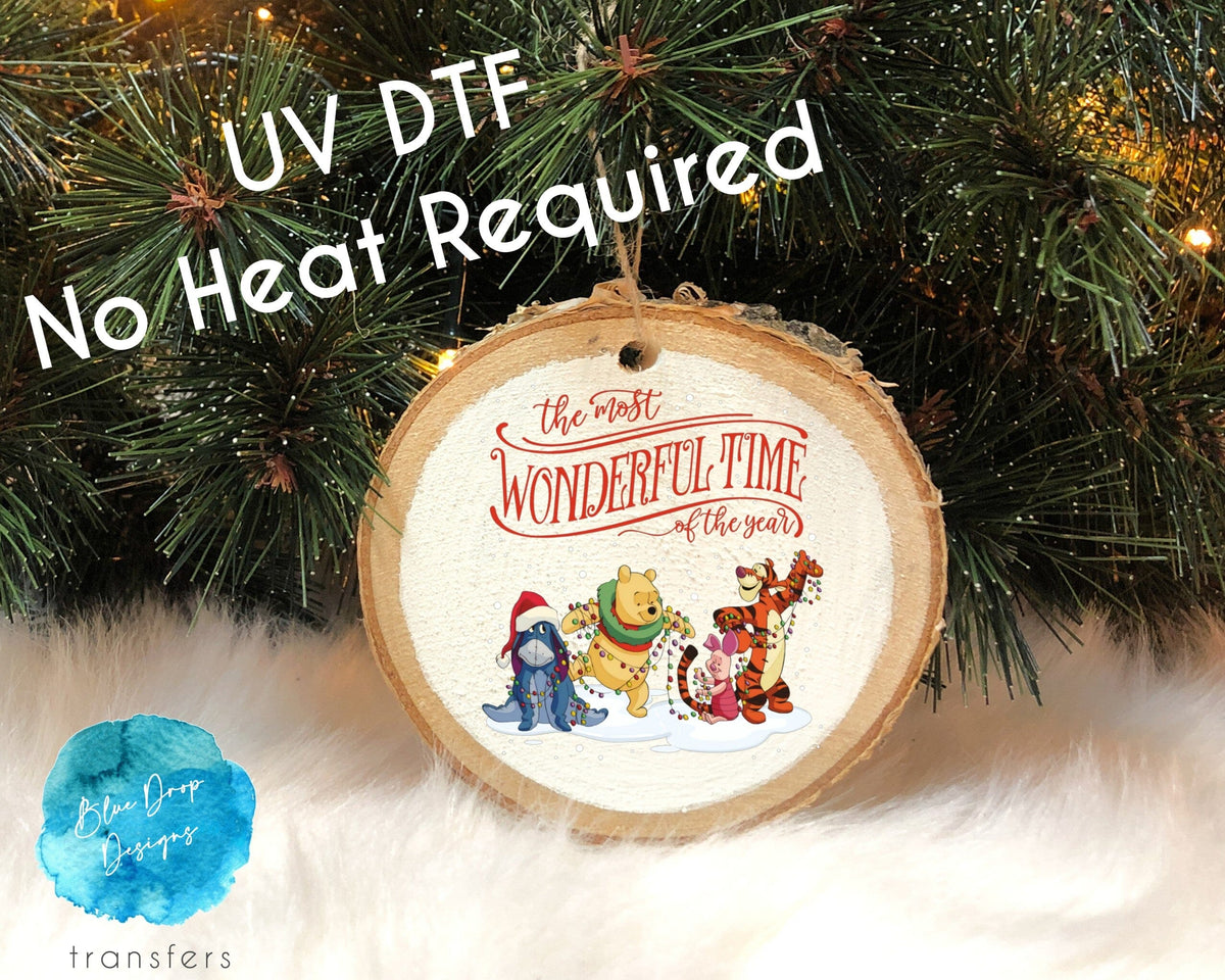 UV DTF Pooh Wonderful Time of Year Christmas Ornament Transfer Direct to Film Colour Transfer Blue Drop Transfers 