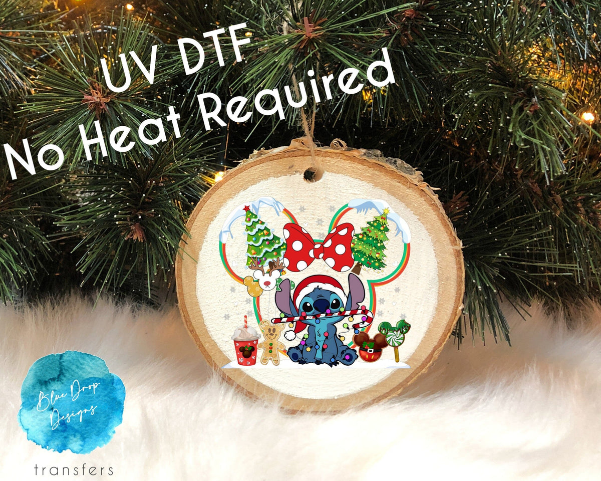 UV DTF Stitch Ears Christmas Ornament Transfer Direct to Film Colour Transfer Blue Drop Transfers 