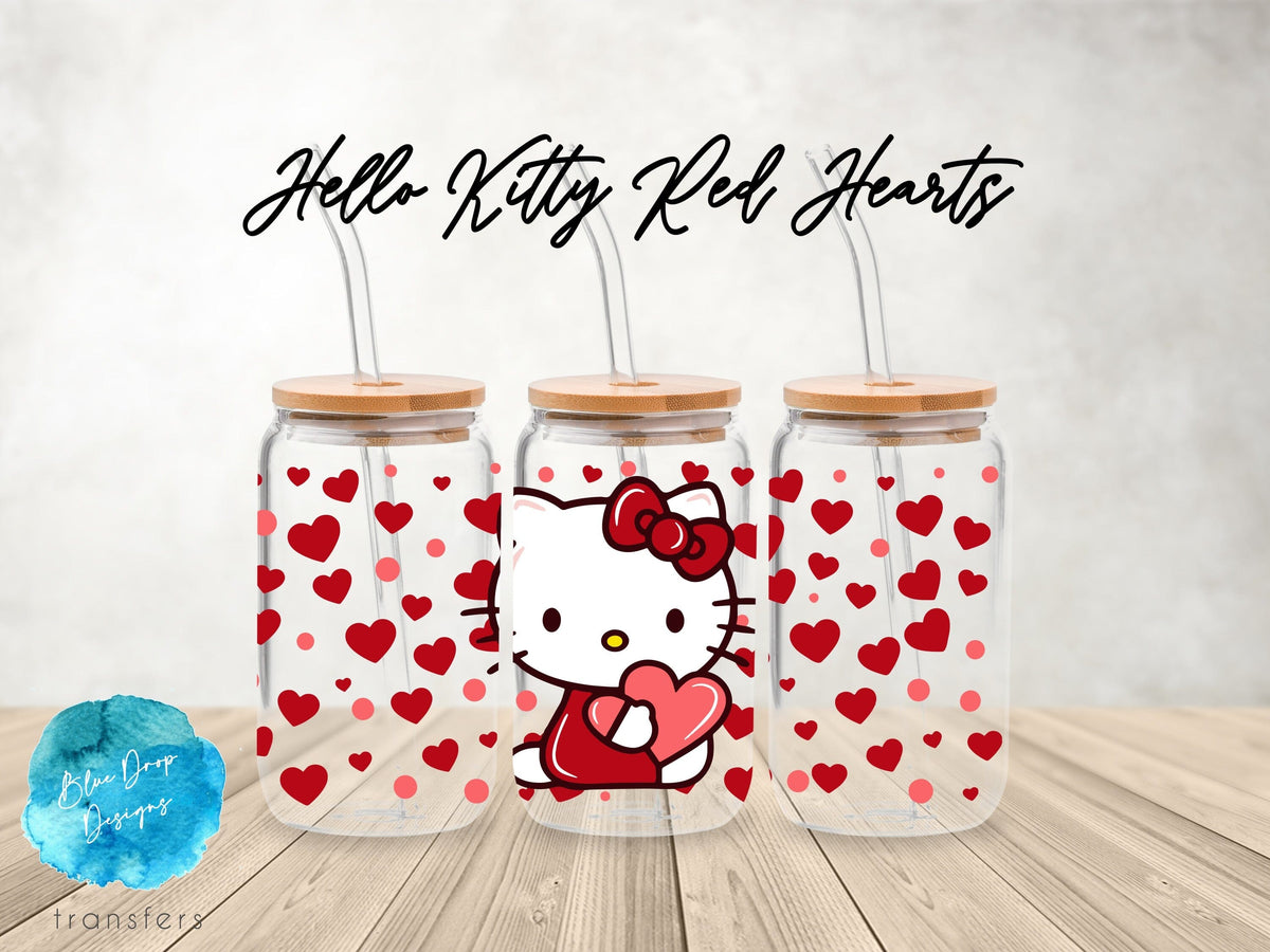 Hello Kitty Red Hearts UV DTF Cup Wrap Blue Drop Transfers 