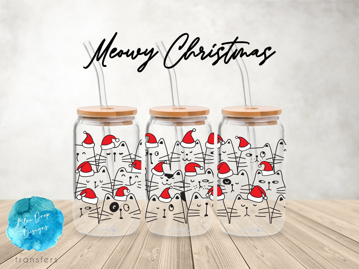 Meowy Christmas UV DTF Cup Wrap Blue Drop Transfers 