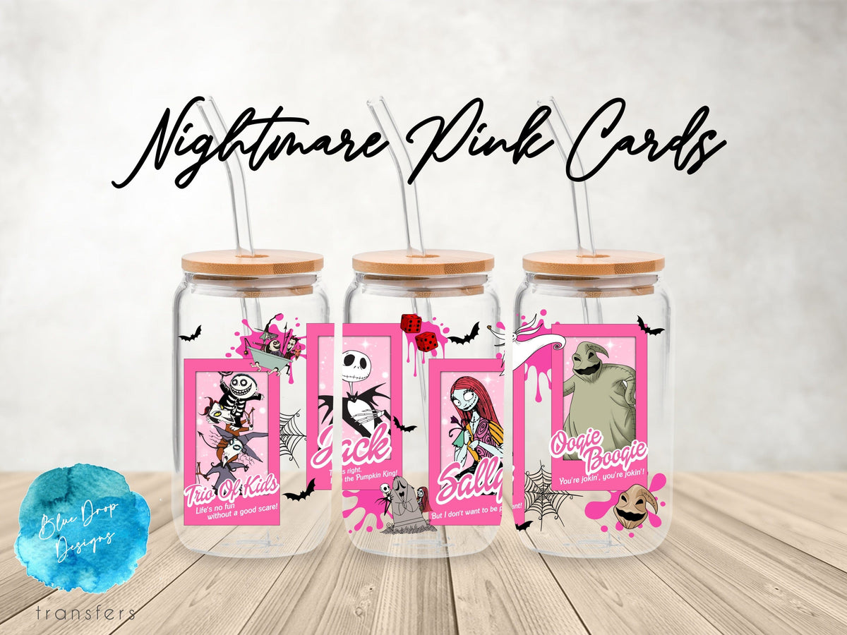 Nightmare Pink Cards UV DTF Cup Wrap Blue Drop Transfers 