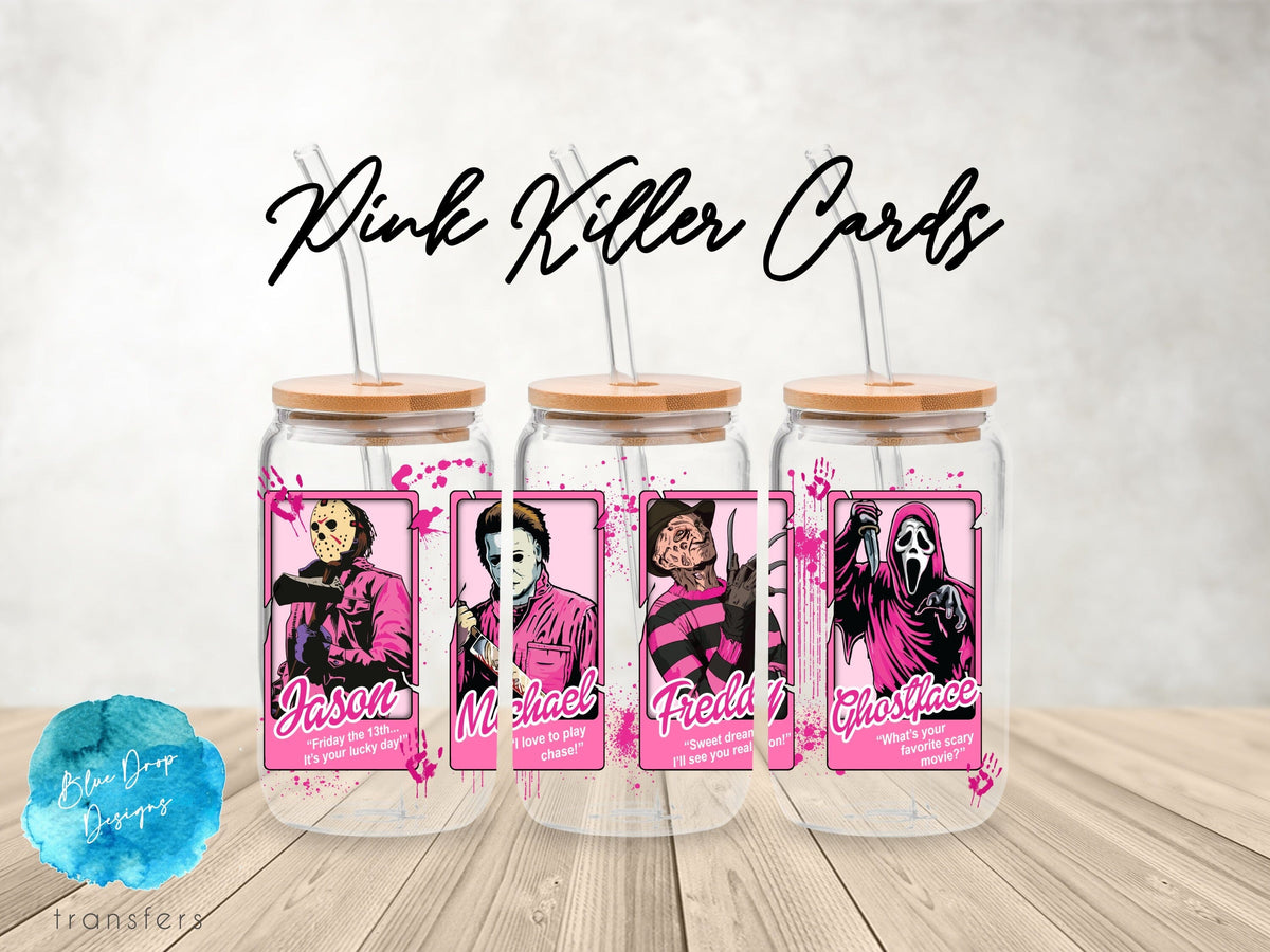 Pink Killer Cards UV DTF Cup Wrap Blue Drop Transfers 