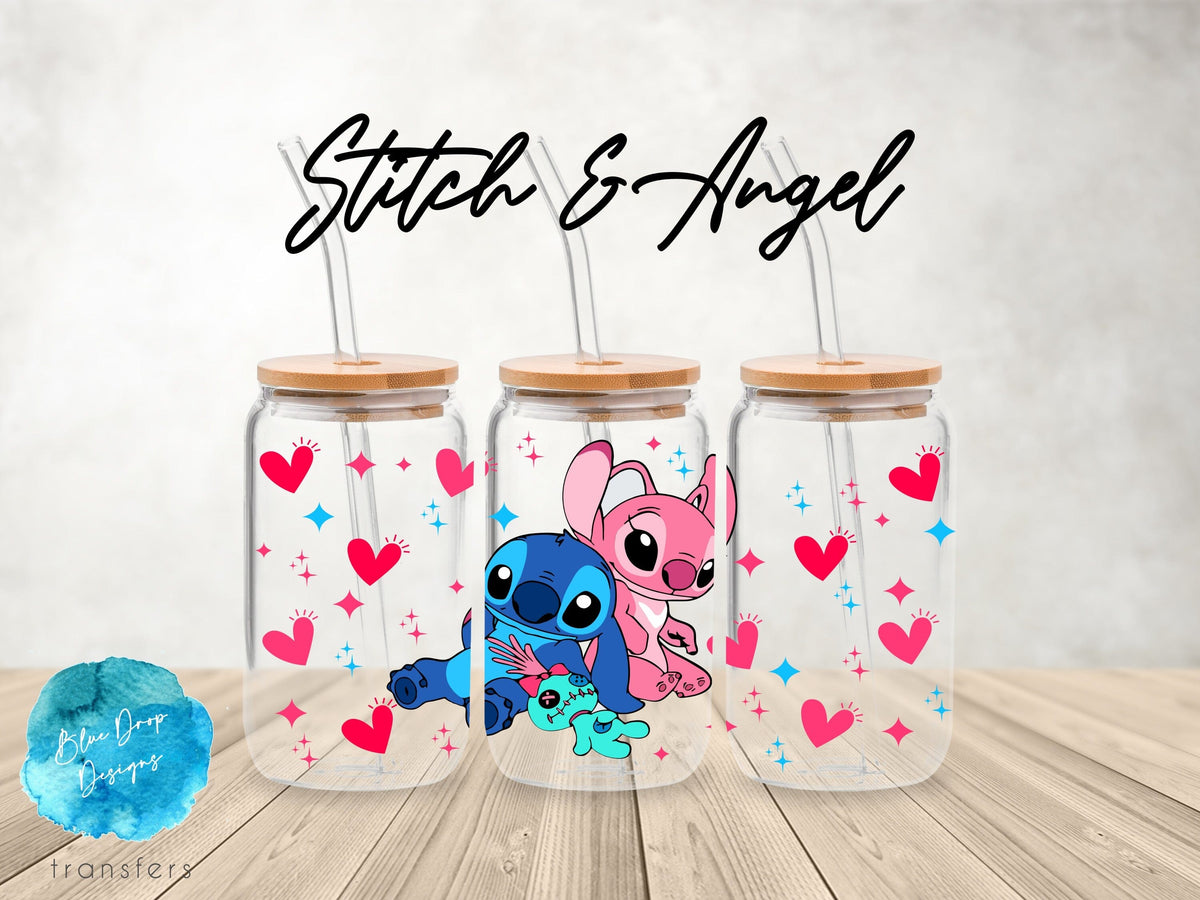 Stitch and Angel UV DTF Cup Wrap Blue Drop Transfers 