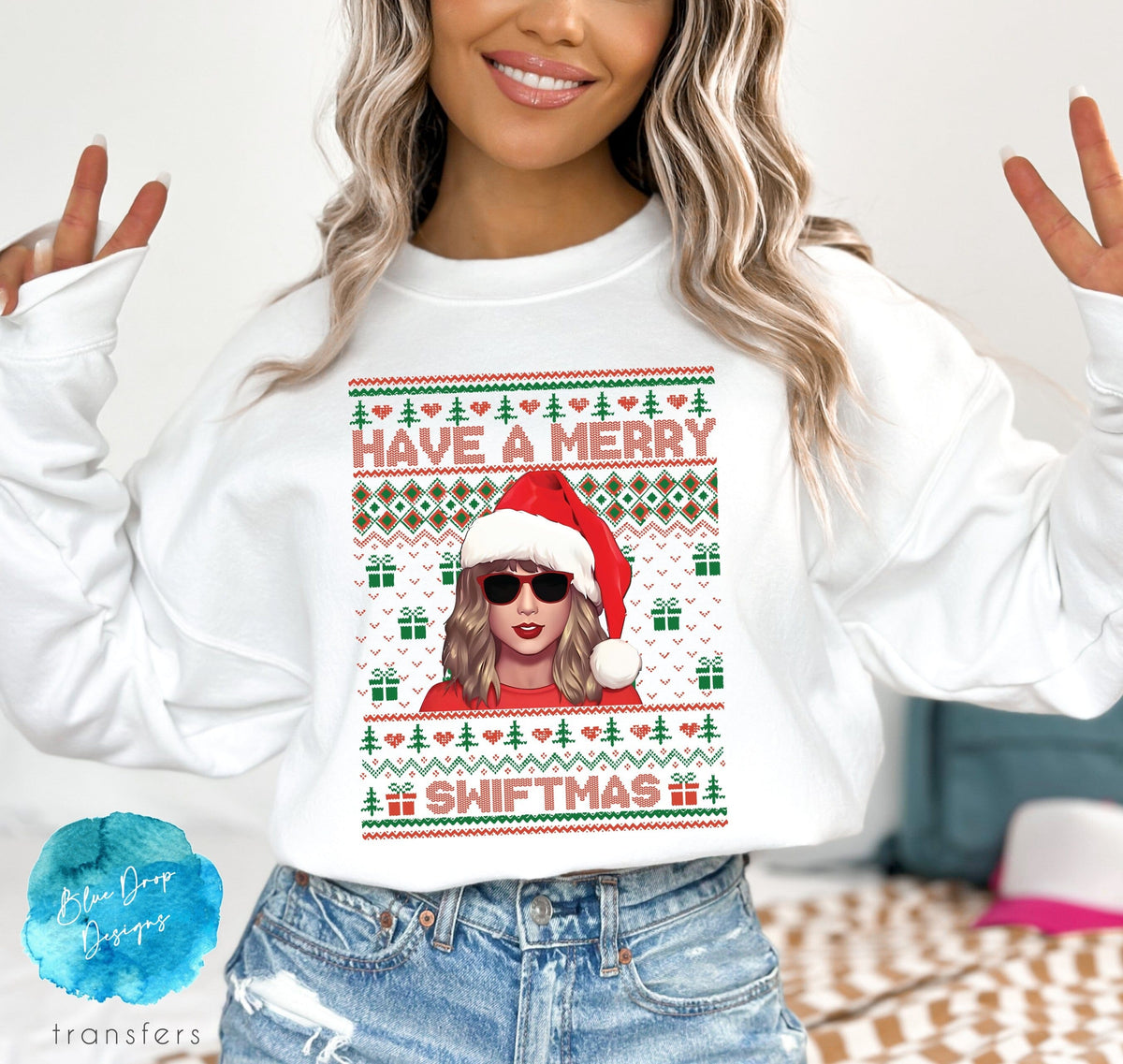 Swiftmas Shades Sweater Full Color Transfer Direct to Film Colour Transfer Blue Drop Designs 
