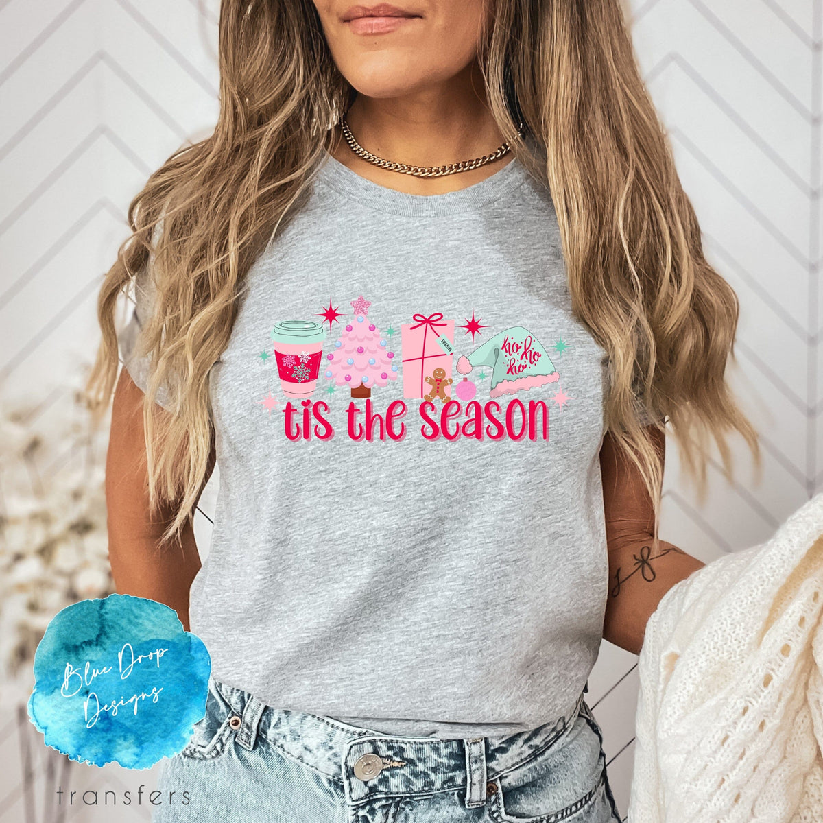 Tis The Season Pink Full Color Transfer Direct to Film Colour Transfer Blue Drop Designs 