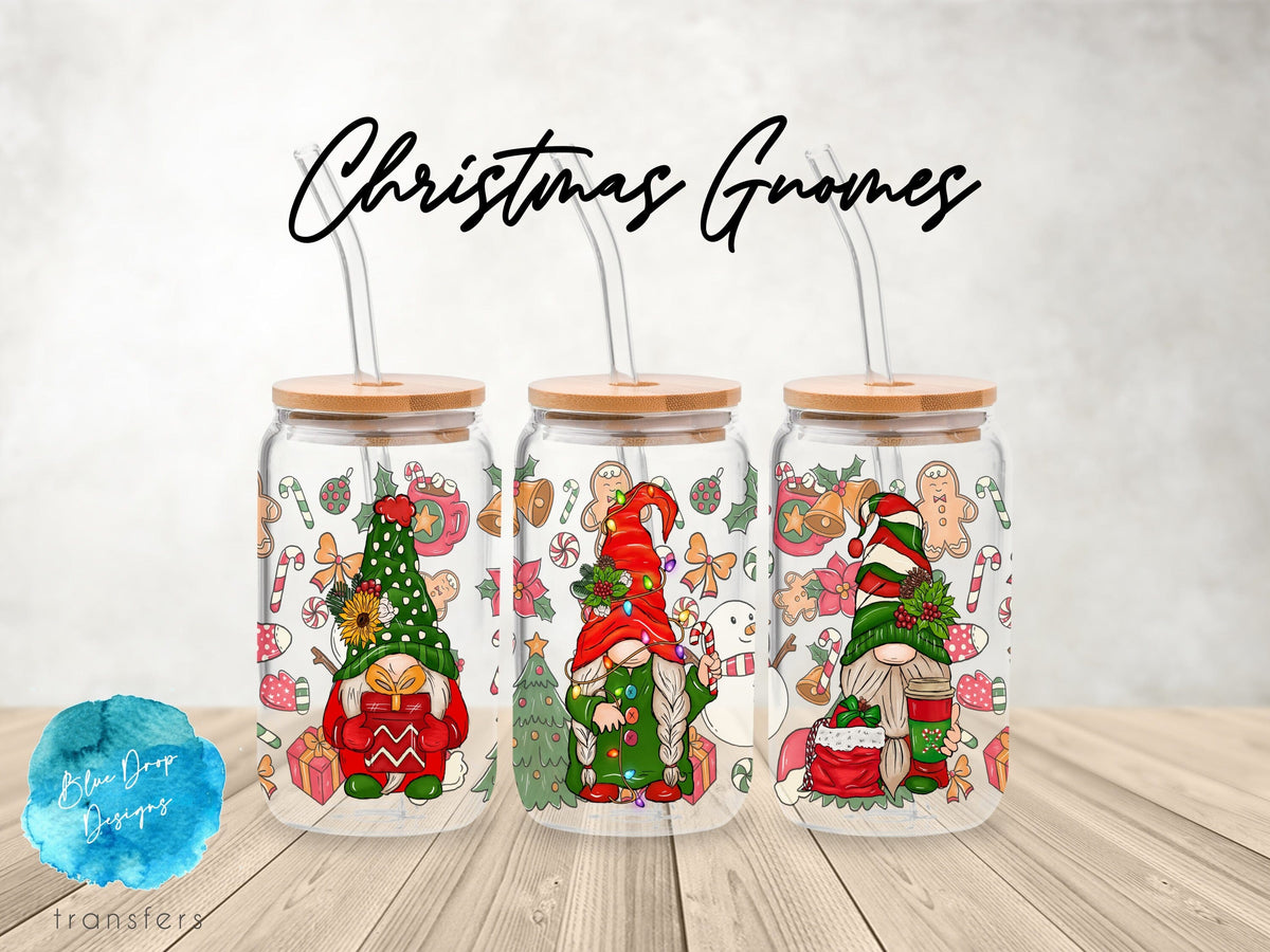 Christmas Gnomes UV DTF Cup Wrap Blue Drop Transfers 