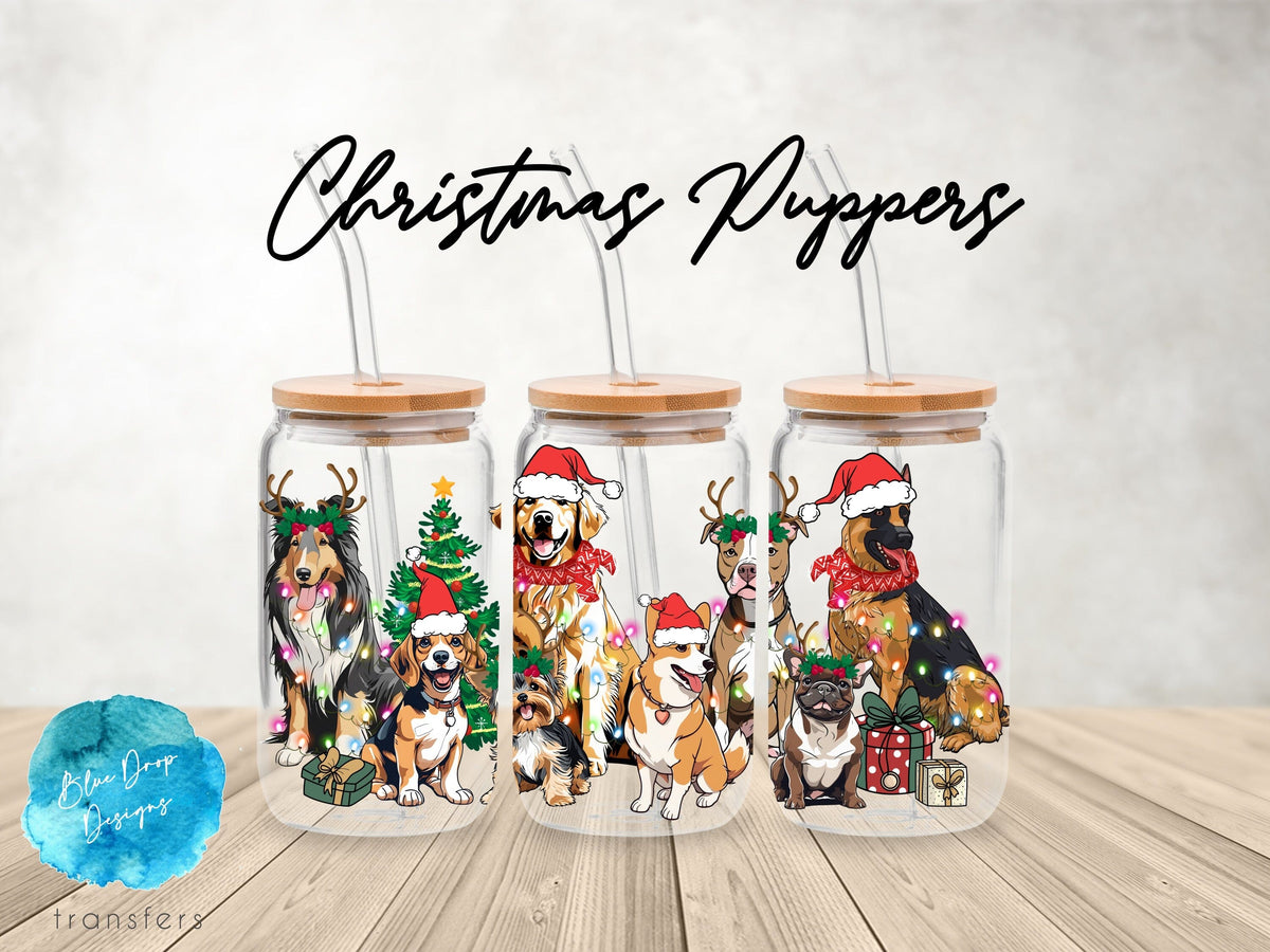 Christmas Puppers UV DTF Cup Wrap Blue Drop Transfers 