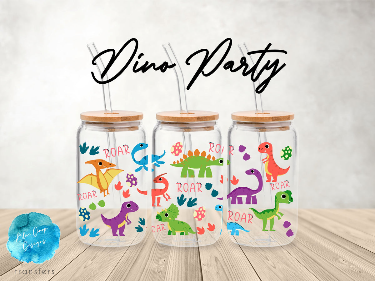 Dino Party UV DTF Cup Wrap Blue Drop Transfers 