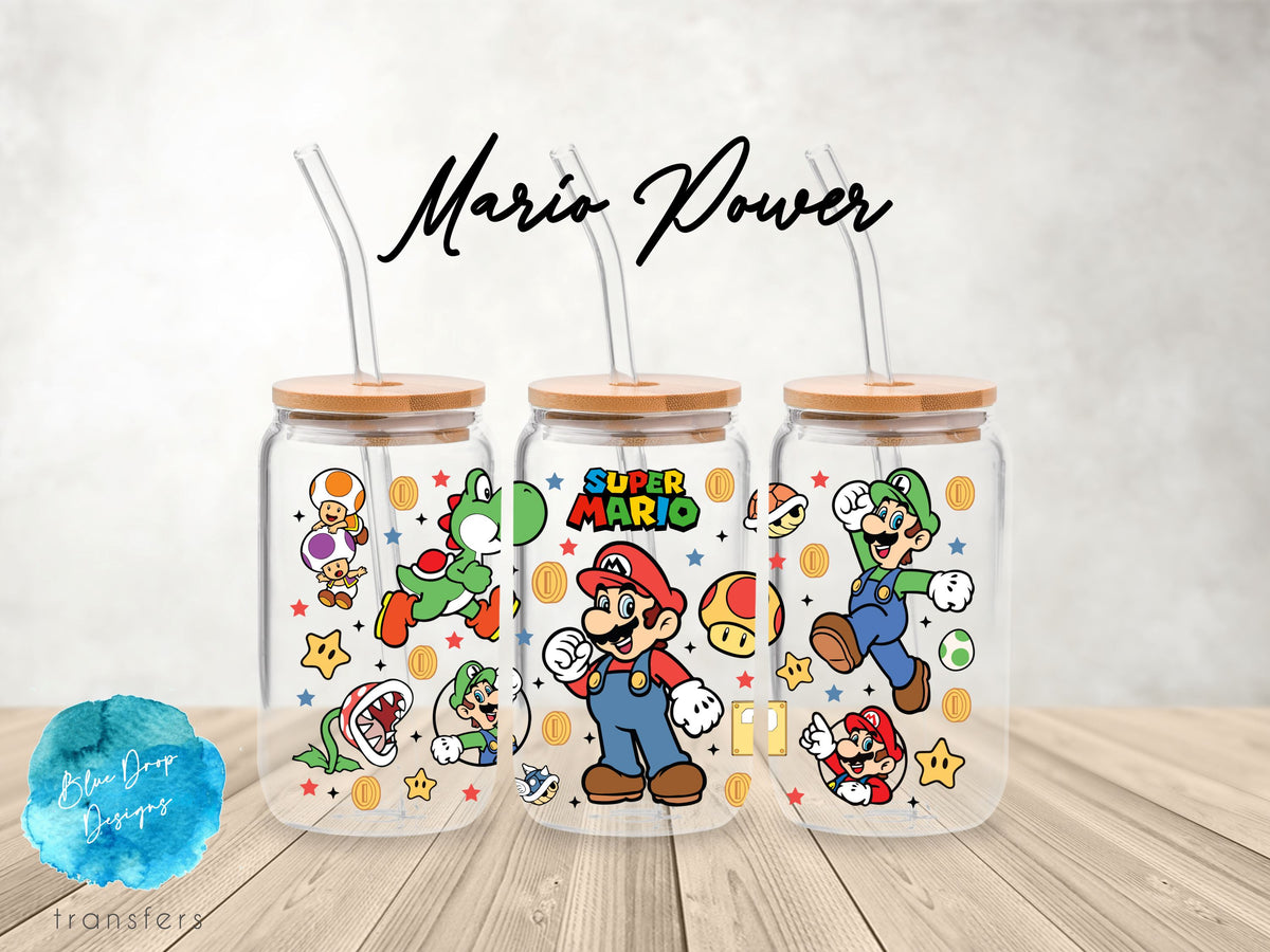 Mario Power UV DTF Cup Wrap Blue Drop Transfers 