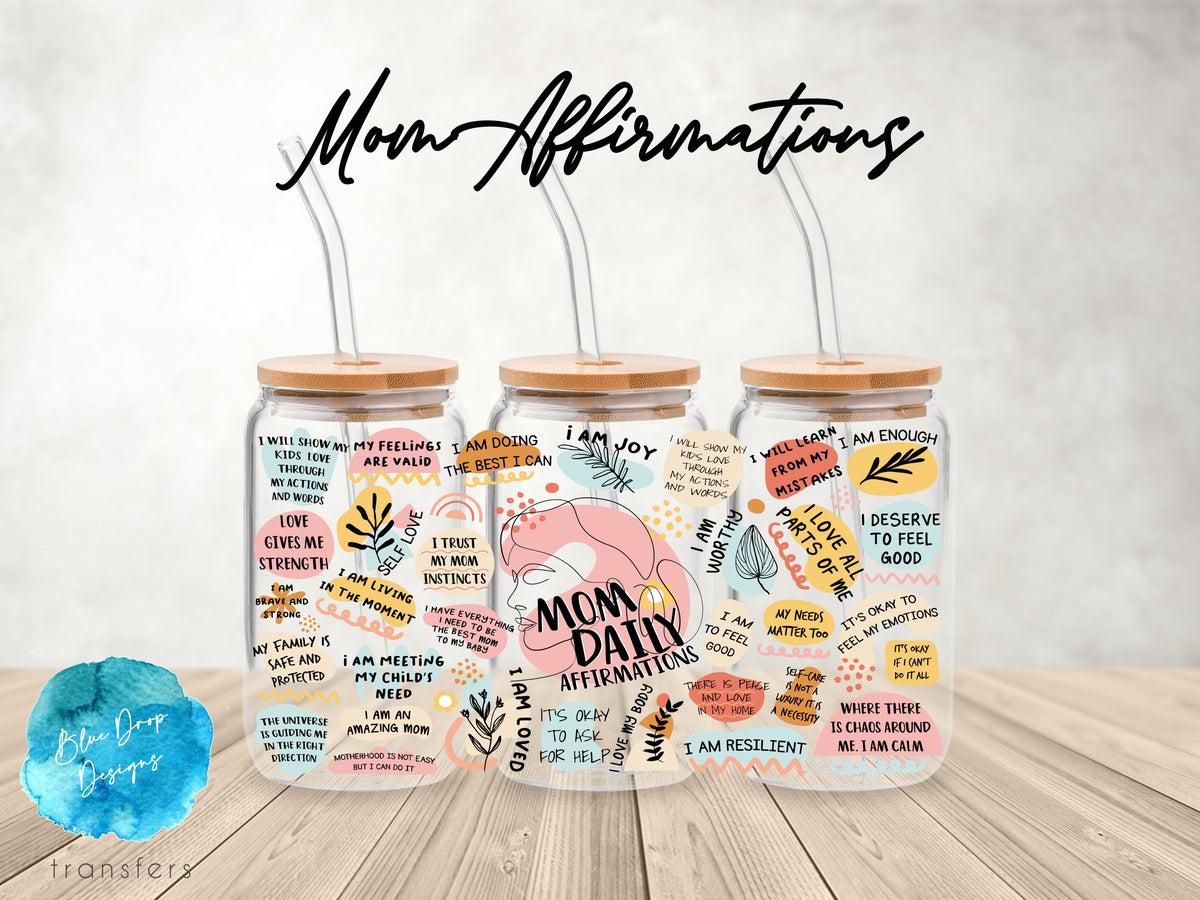 Mom Affirmations UV DTF Cup Wrap Blue Drop Transfers 