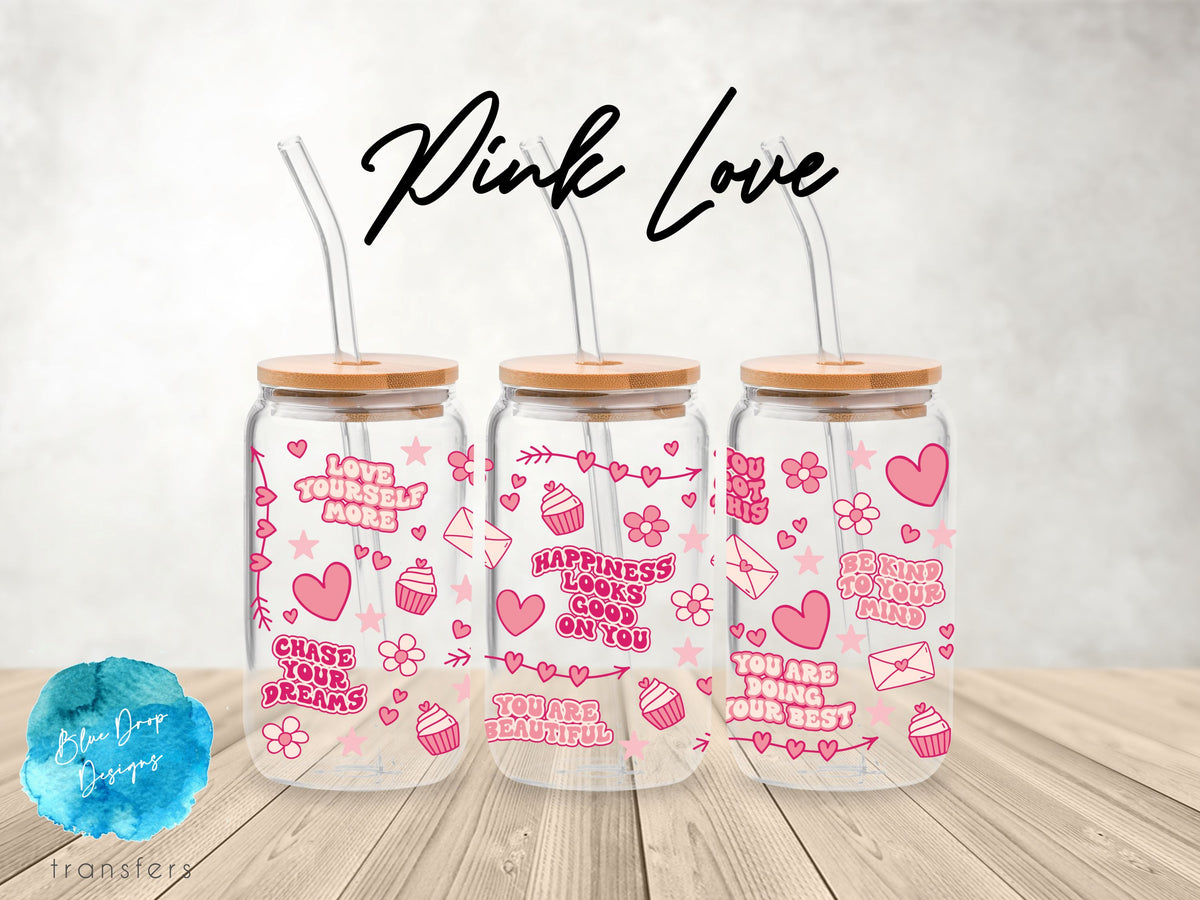 Pink Love UV DTF Cup Wrap Blue Drop Transfers 