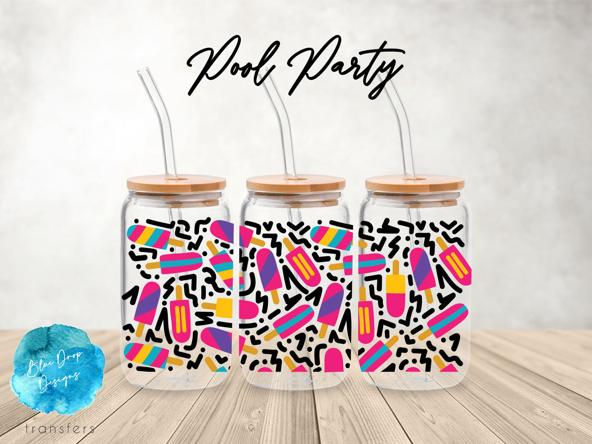 Pool Party UV DTF Cup Wrap Blue Drop Transfers 