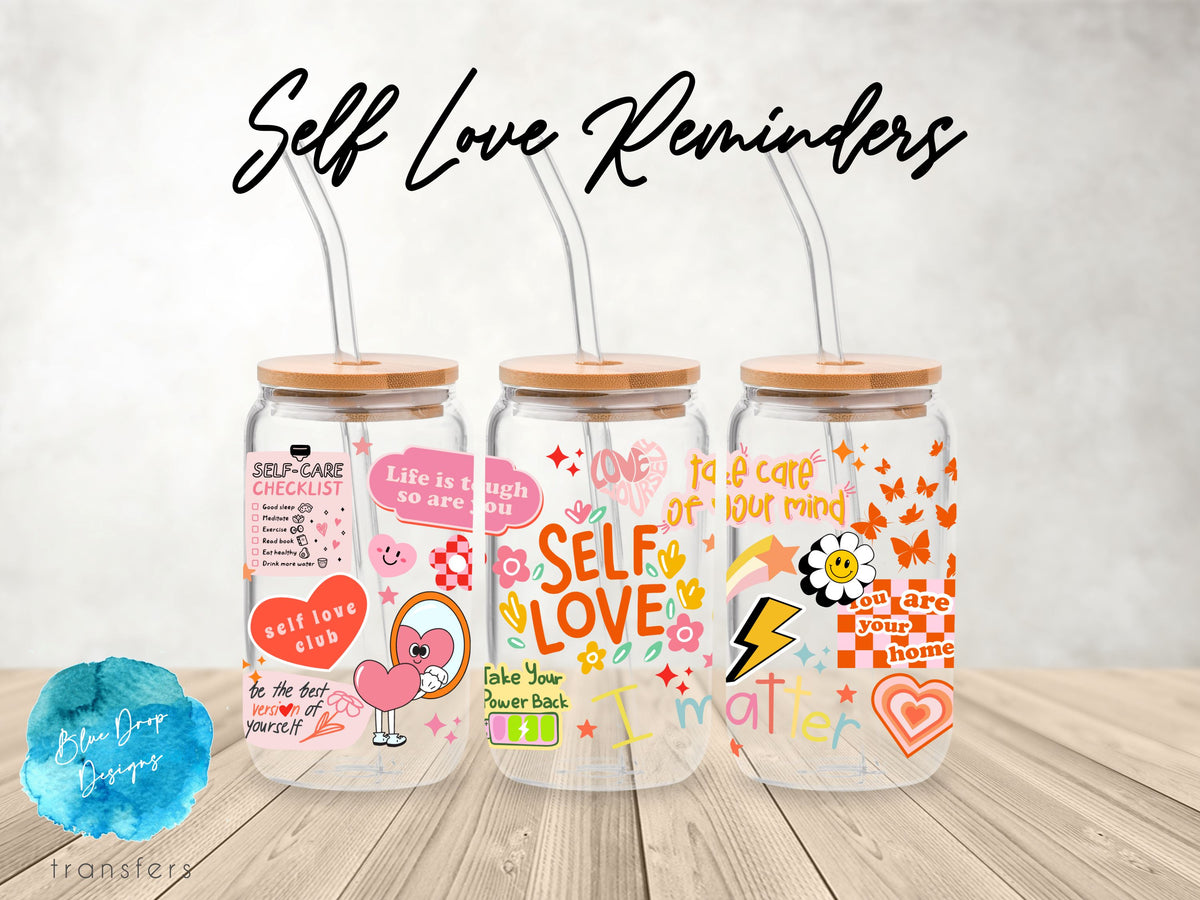 Self Love Reminders UV DTF Cup Wrap Blue Drop Transfers 