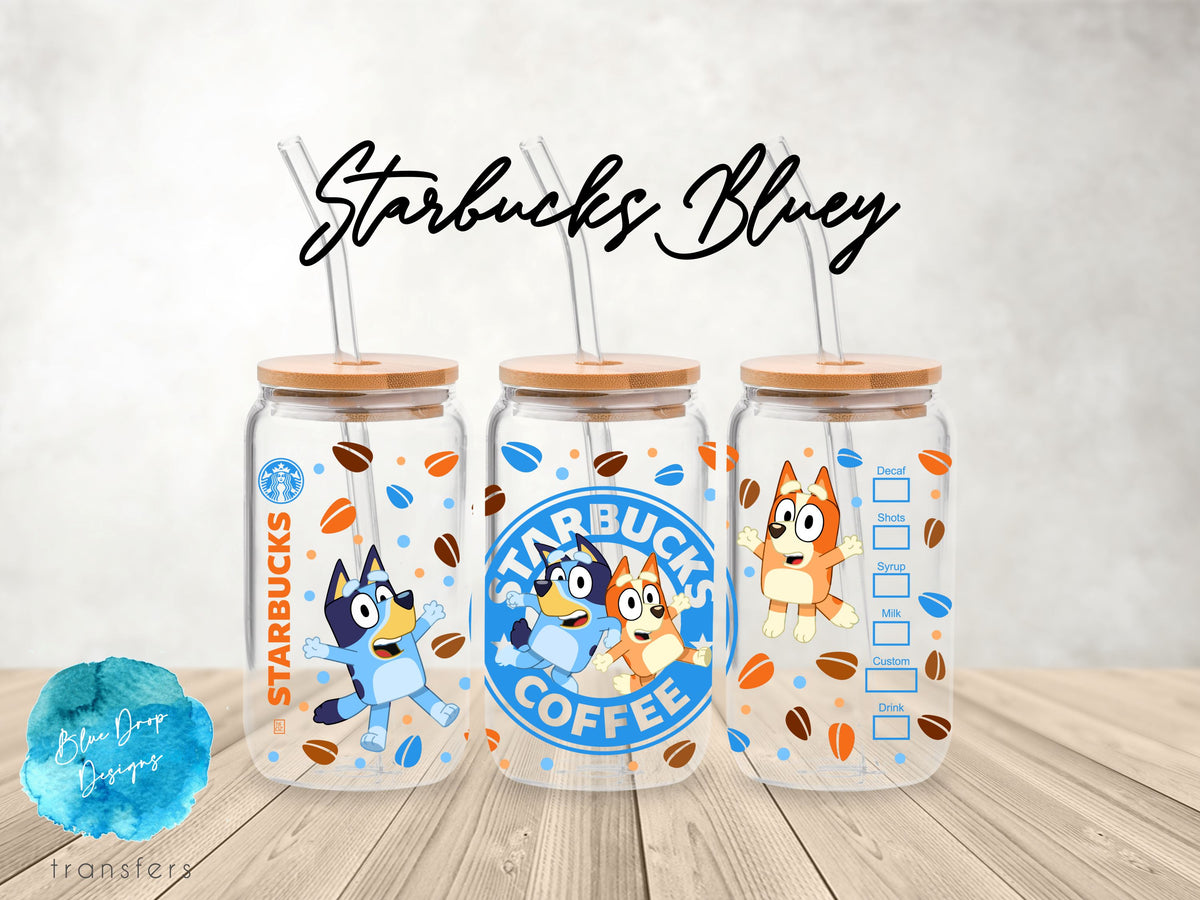 Starbucks Bluey UV DTF Cup Wrap Blue Drop Transfers 