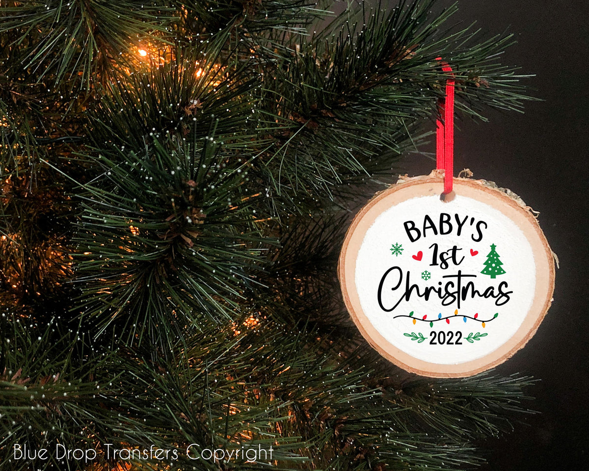 Baby's First Christmas Lights Ornament Transfer Direct to Film Colour Transfer Blue Drop Designs 