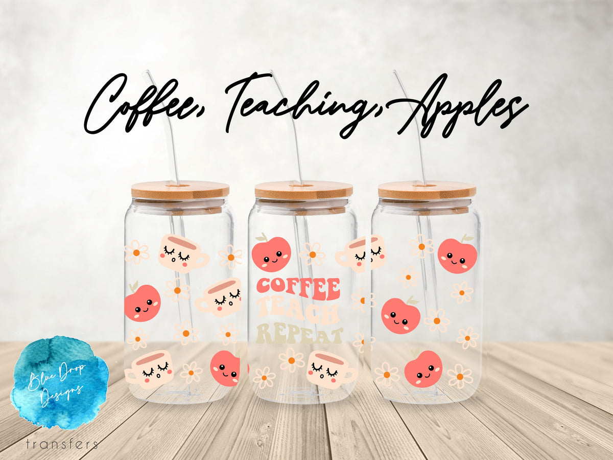 Coffee, Teaching, Apples UV DTF Cup Wrap Blue Drop Transfers 