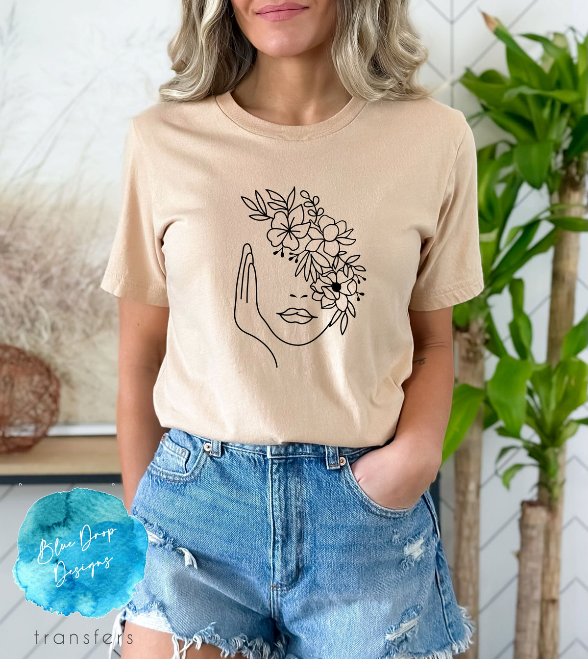 Floral Face Full-Sized Black Transfer Direct to Film Colour Transfer Blue Drop Designs 