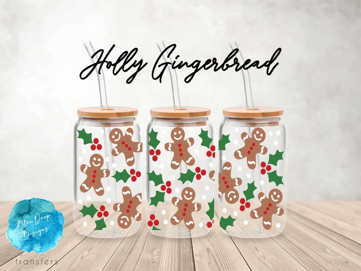 Holly Gingerbread UV DTF Cup Wrap Blue Drop Transfers 
