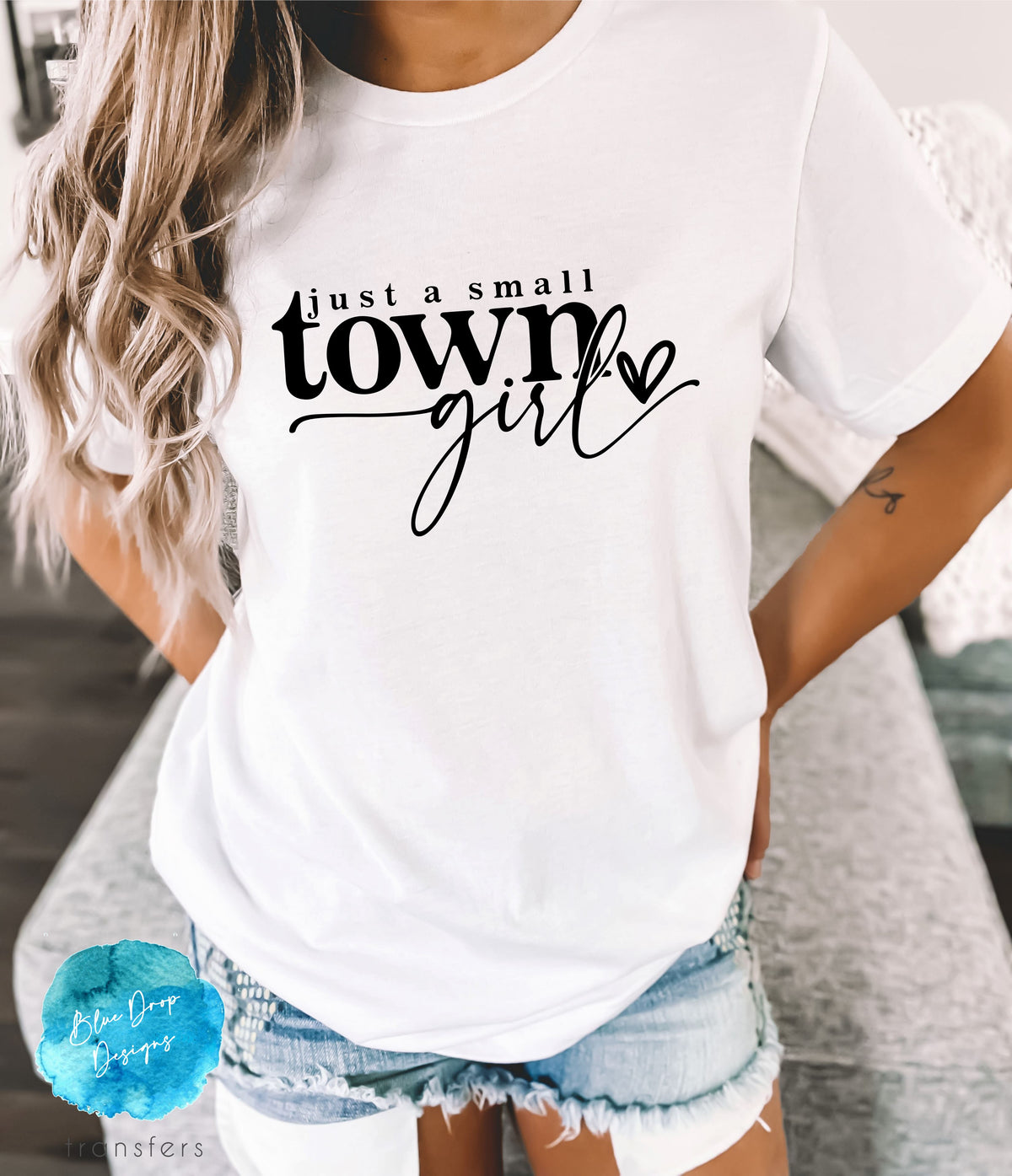 Small Town Girl Full Sized Black Transfer Direct to Film Colour Transfer Blue Drop Designs 