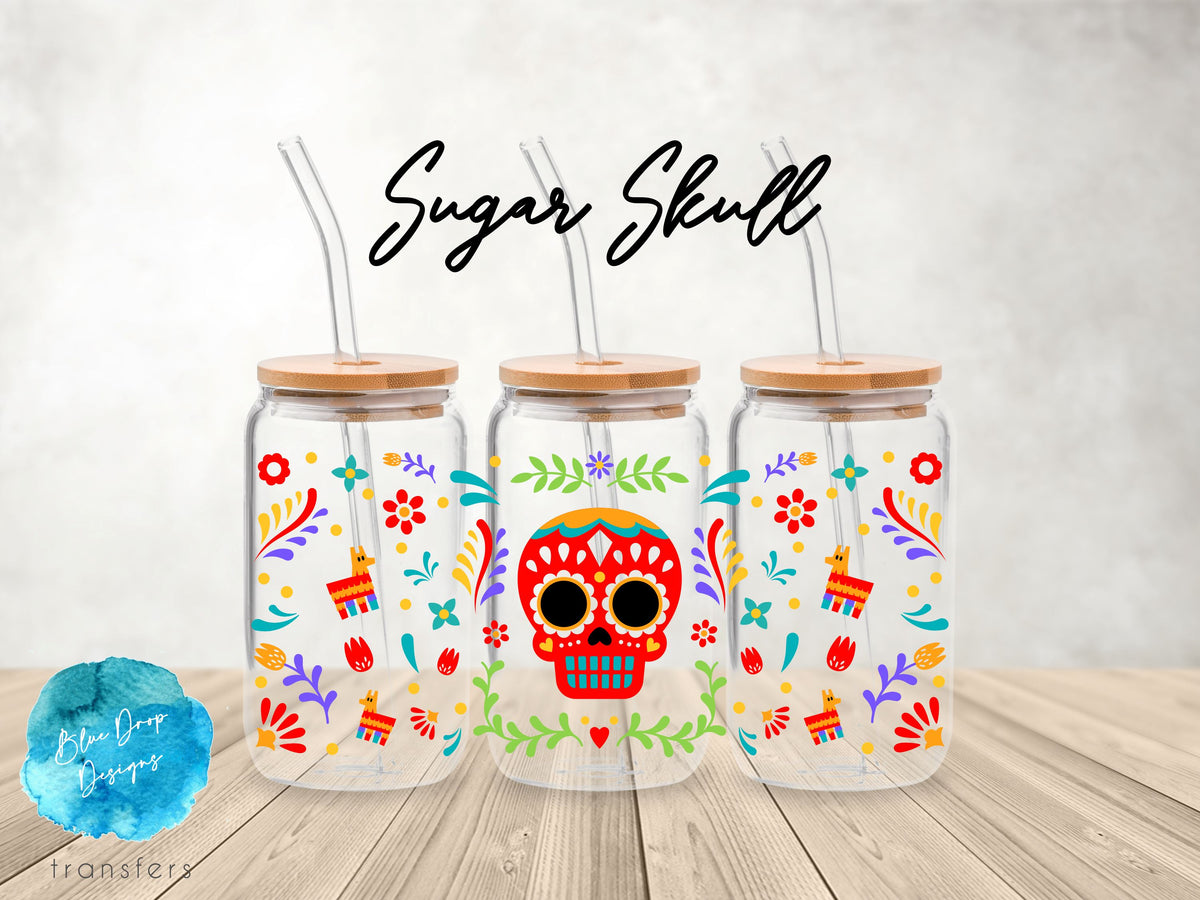 Sugar Skull UV DTF Cup Wrap Blue Drop Transfers 