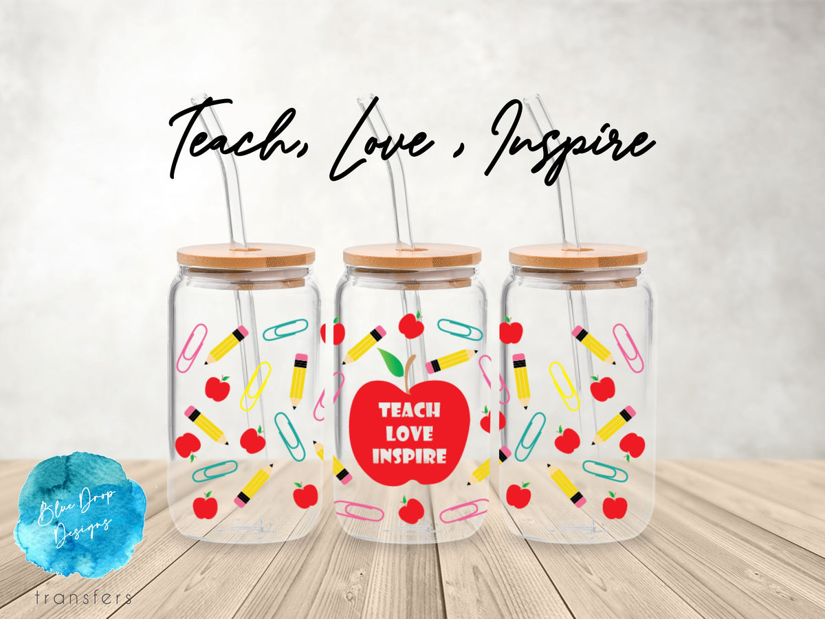 Teach, Love, Inspire UV DTF Cup Wrap Blue Drop Transfers 